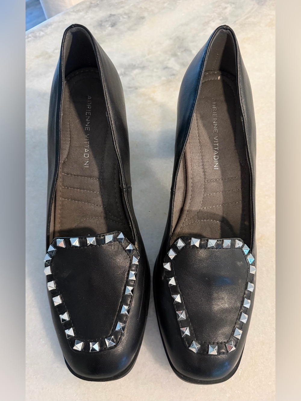 Adrienne Vittadini Black Leather Loafers with Silver Stud Trim Block Heel